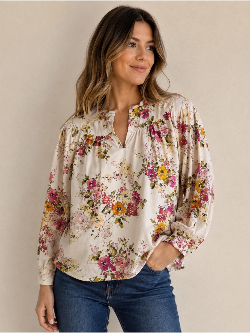 Johnny Was JADE Isabella Floral Cotton Peasant Blouse Small Boho
